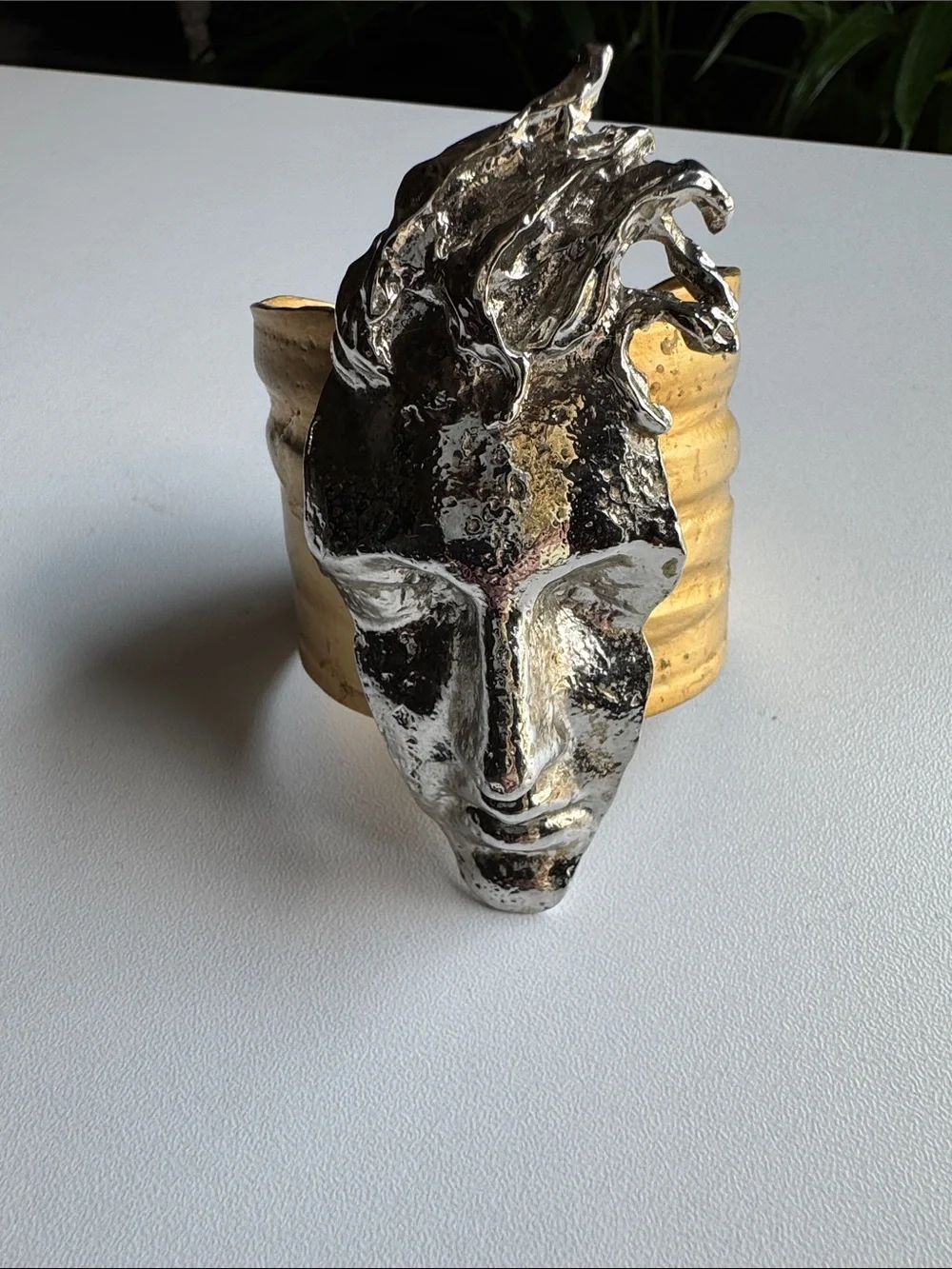 Sculptural Two-Tone Face Cuff Bracelet - Silver & Gold
